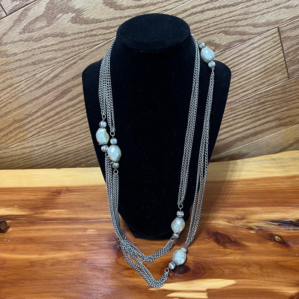 Vtg Faux Pearl Station Silver Tone Layered Multi‎ Chain Necklace Lobster Clasp
